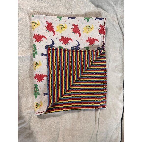 Dinosaurs & Striped Reversible Baby Blanket Cotton 40 x 30 No Tag EUC READ - Picture 1 of 11